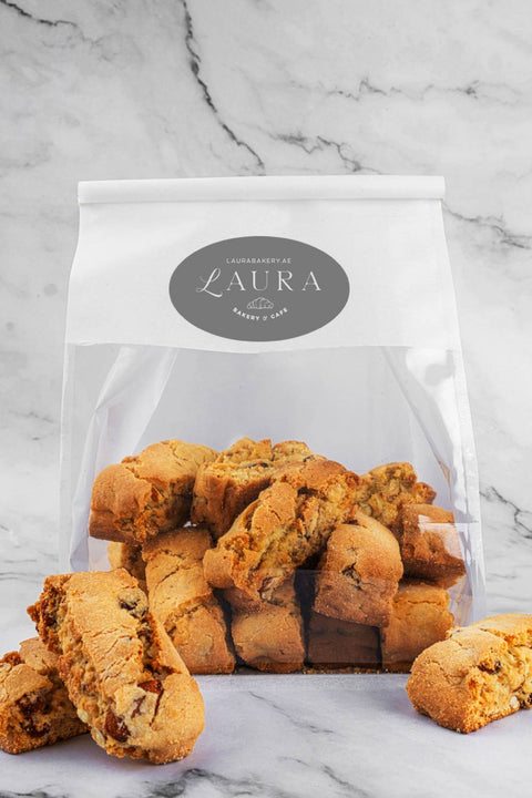 Image of packaged Almond Biscottis, a delightful and crunchy almond-infused treat