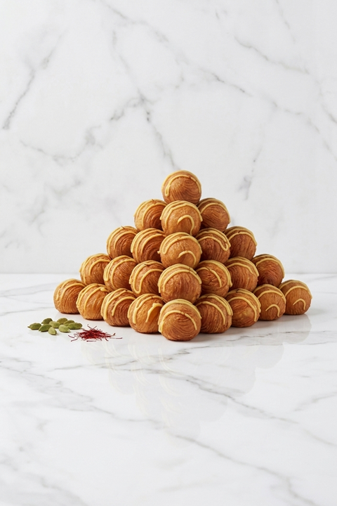 Pyramid of round pastries on a marble surface